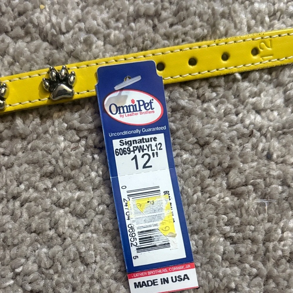 New leather Yellow Dog Collar with Paw Print Design 12 inches s/m